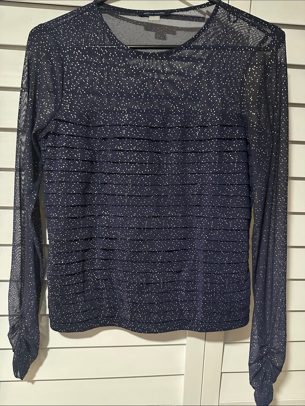 Tommy Hilfiger Navy Long-Sleeve Mesh Top with Metallic Dots